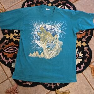 🔥🔥90s Vintage Made In USA Teal Wolf Graphic T-Shirt🔥🔥 Size L